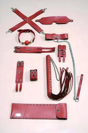 Red Faux Leather Restraint Set with Blindfold Collar and Whip
