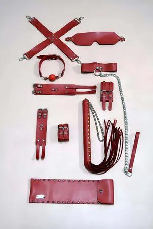 Red Faux Leather Restraint Set with Blindfold Collar and Whip