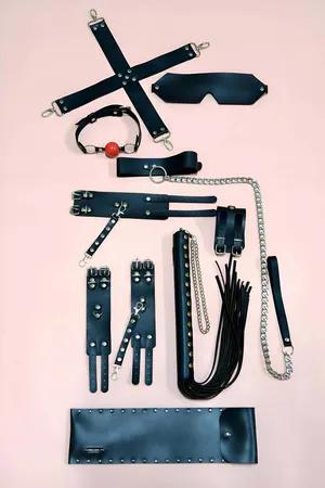 Black Faux Leather Accessory Set with Cuffs, Blindfold, Flogger Whip and Spreader Bar