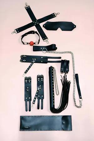 Black Faux Leather Accessory Set with Cuffs, Blindfold, Flogger Whip and Spreader Bar