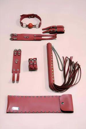 Red Faux Leather Restraint Set with Ball Gag and Riding Crop