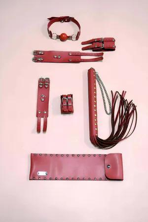 Red Faux Leather Restraint Set with Ball Gag and Riding Crop