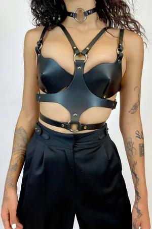 Black Faux Leather Full Body Harness with O-Ring Choker and Bra Top Detail