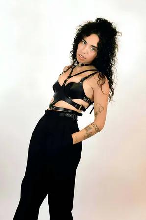 Black Faux Leather Full Body Harness with O-Ring Choker and Bra Top Detail