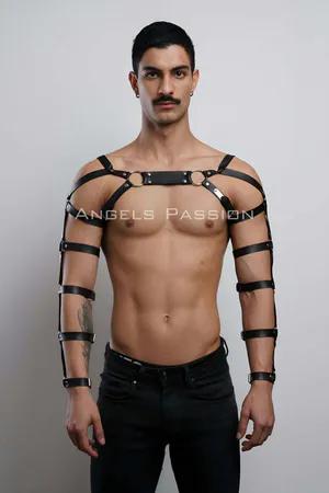 Black Faux Leather Adjustable Chest and Arm Harness