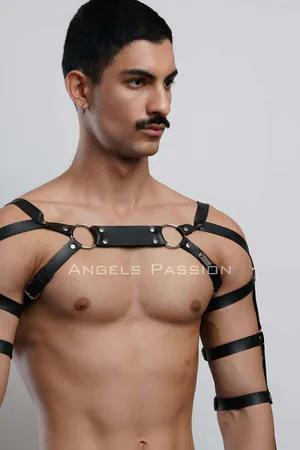 Black Faux Leather Adjustable Chest and Arm Harness