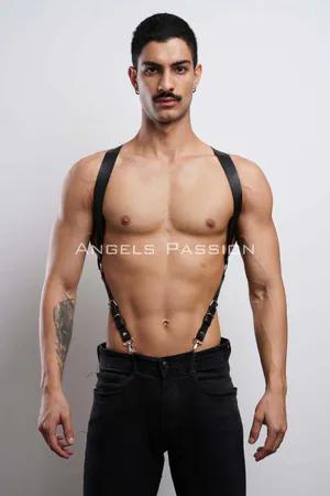 Black faux leather shoulder harness with adjustable straps for men.