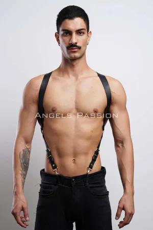 Black faux leather shoulder harness with adjustable straps for men.