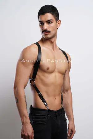 Black faux leather shoulder harness with adjustable straps for men.