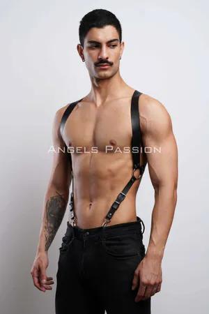 Black faux leather shoulder harness with adjustable straps for men.