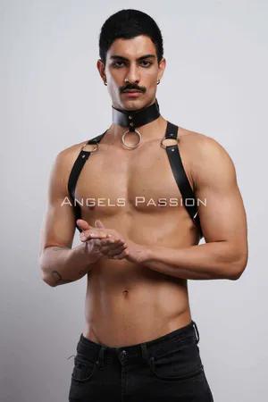 Black faux leather choker and chest harness set with O-ring detail