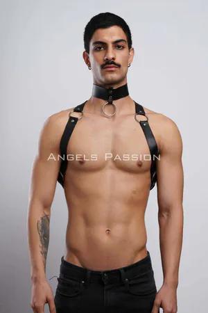 Black faux leather choker and chest harness set with O-ring detail
