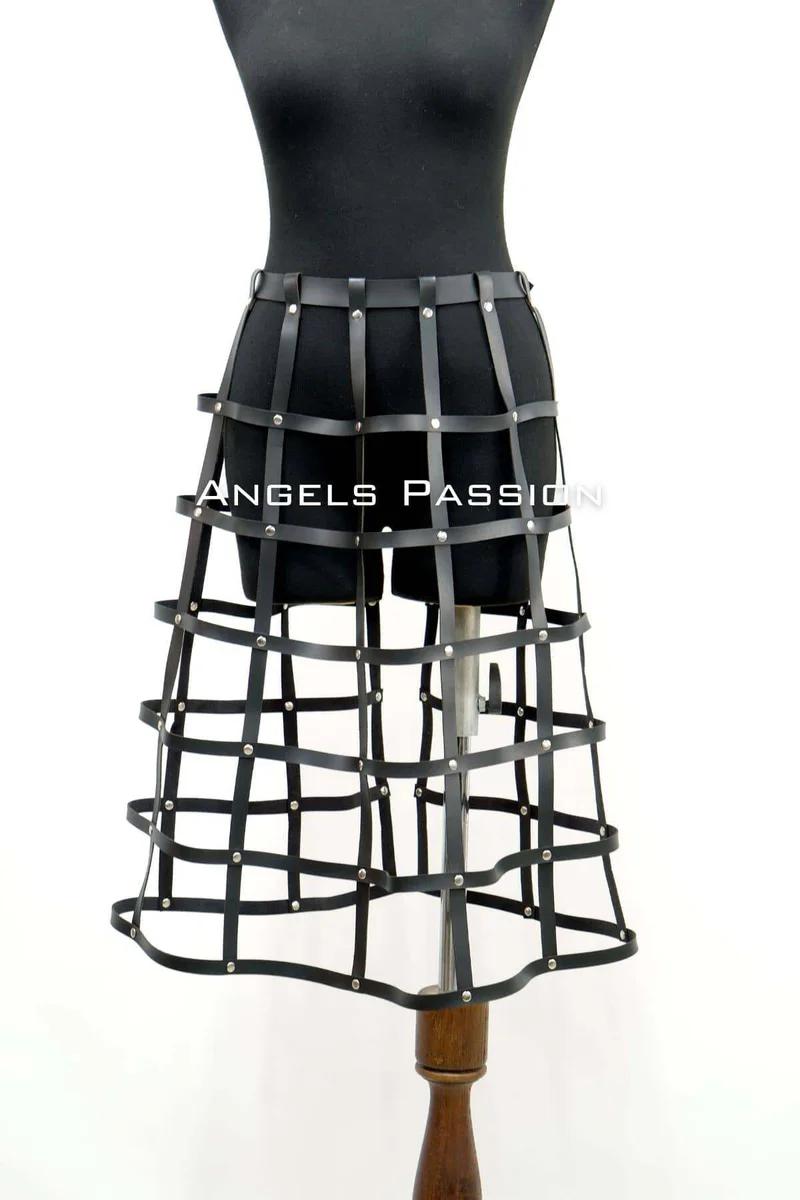 Black Faux Leather Cage Skirt Harness with Silver Studs Worn on Mannequin