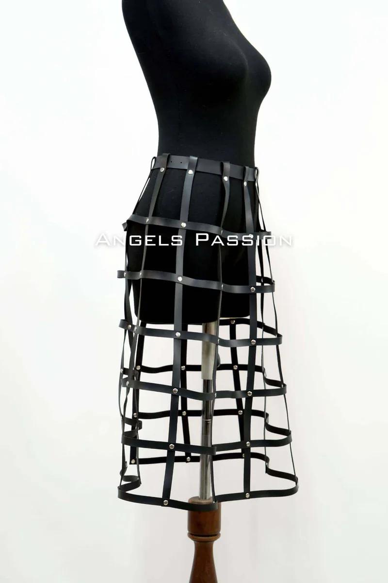 Black faux leather caged skirt harness on mannequin