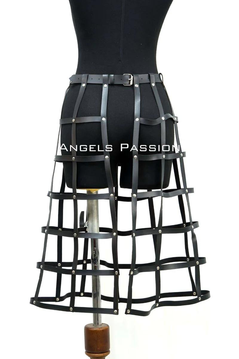 Caged festival black faux leather skirt