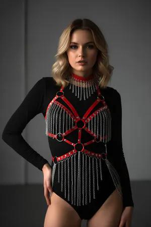 Red faux leather full body harness with silver chain fringe and choker