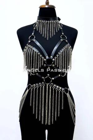 Red faux leather full body harness with silver chain fringe and choker