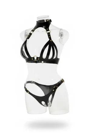 Black Faux Leather Caged Bra and Panty Harness Set with Gold Hardware