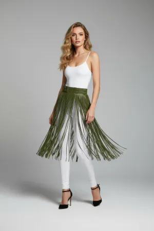 Haki Suni Deri Püsküllü Yüksek Bel Etek Kemerli Modern Stil