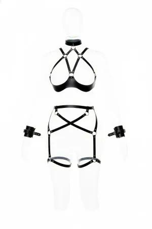 Black Faux Leather Full Body Cage Harness Set with Garter Belt and Cuffs on mannequin