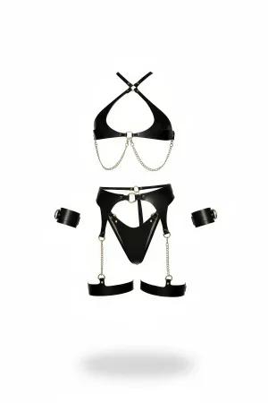 Black Faux Leather Harness Set with Chain Detail and Cuffs
