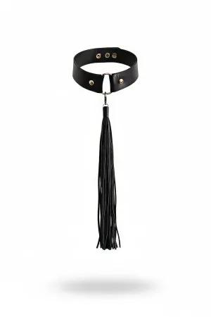Black faux leather choker with detachable tassel fringe and silver D-ring hardware