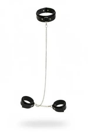 Black Faux Leather Neck Collar Wrist Strap Set with Silver Chain
