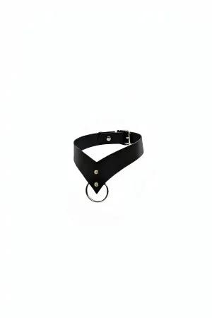 Black faux leather V-neck choker with silver O-ring