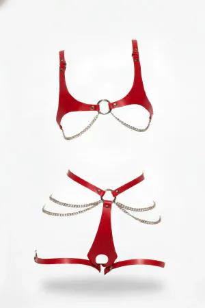 Kırmızı Faux Leather Harness Takım Gümüş Zincirli Vücut Aksesuarı