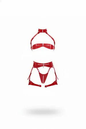 Red Faux Leather Halter Harness Bra Garter Lingerie Set Front View