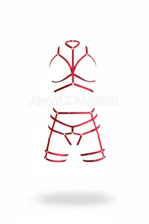 Red Vegan Leather Full Body Harness Set High Neck O-Ring Straps