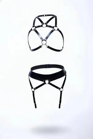 Black Faux Leather Harness Bra and Garter Belt Set with Silver O-Rings