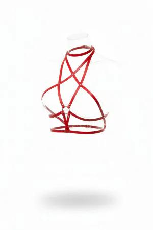 Red Faux Leather Star Caged Chest Harness Women High Neck