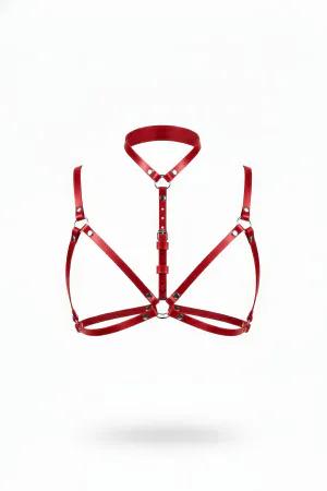 Red Vegan Leather Chest Harness with O-Ring Neck Collar and Straps