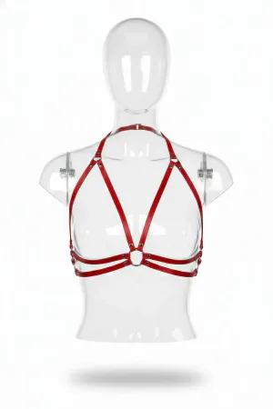 Red Faux Leather Harness Bra Halter Neck O-Ring Detail