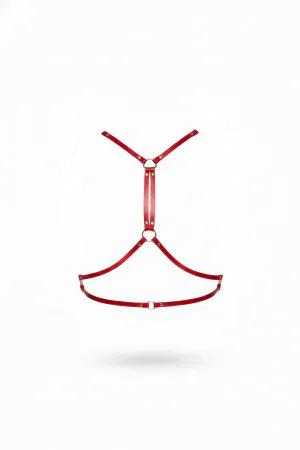 Red Faux Leather Open Chest Body Harness with Silver O-Rings