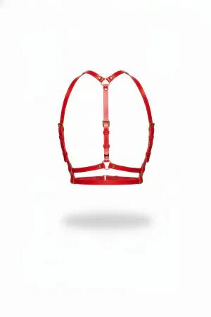 Red Faux Leather Chest Harness Front View Gold Hardware