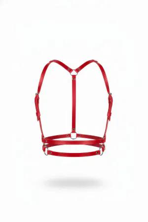 Red Faux Leather Underbust Harness with Dual Ribcage Bands and Silver O-Rings Front View