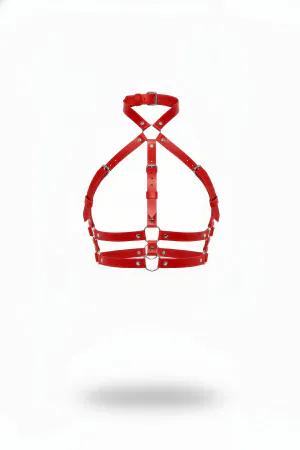 Red faux leather halter chest harness with O-ring detail