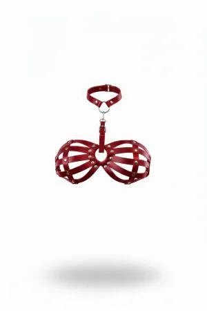 Red Caged Chest Harness Vegan Leather Silver Studs Detachable Collar