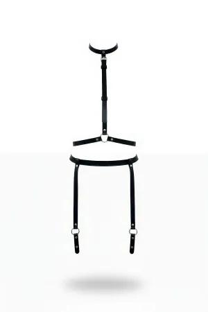 Black Faux Leather Full Body Harness with Collar and Thigh Straps