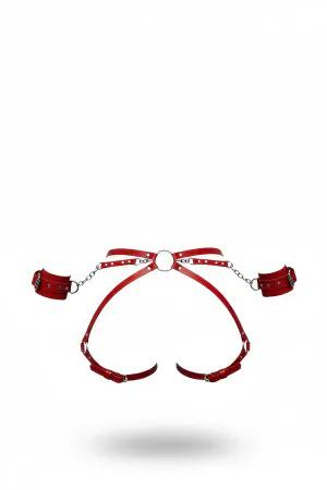 Kırmızı Faux Leather Zincirli Kelepçeli Harness Takım Kadınlar İçin