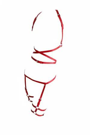 Red Faux Leather Full Body Harness and Thigh Garters Set with Adjustable Straps
