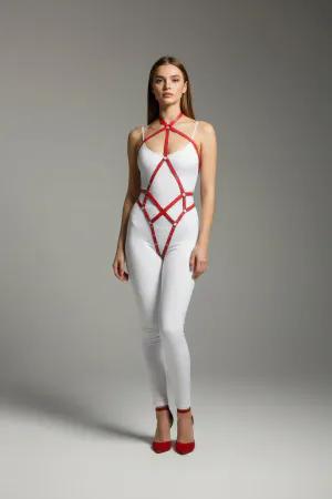 Red strappy vegan leather body harness on model