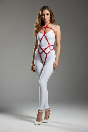 Red strappy vegan leather body harness on model