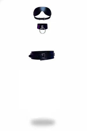 Black Faux Leather Eye Mask O-Ring Collar Wide Waist Belt Set