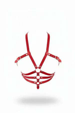 Red Faux Leather Caged Chest Harness with Silver Buckles
