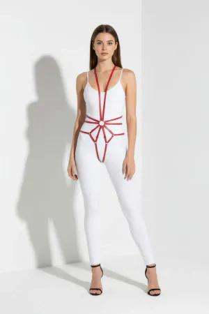 Red faux leather full body harness with O-ring detail and adjustable straps