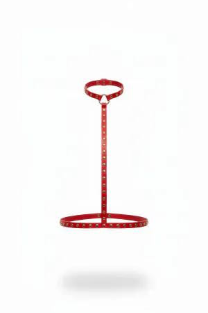 Red Vegan Leather Studded Choker to Waist Body Harness with Gold Hardware