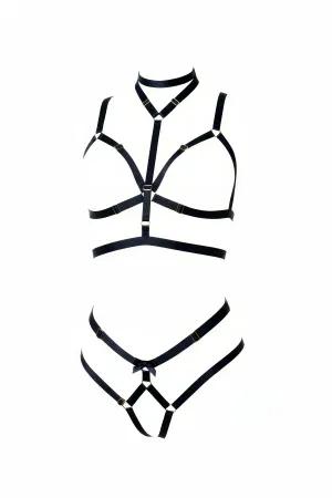 Black Elastic Choker Harness Bralette and Matching Strappy Panty Set